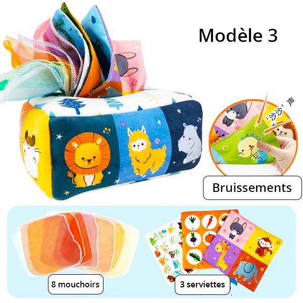 Boîte à mouchoirs magique pour bébé, modèle éducatif décoré d’animaux mignons, contenant 8 mouchoirs colorés et 3 serviettes à motifs, avec des effets de bruissements pour éveiller la curiosité sensorielle.