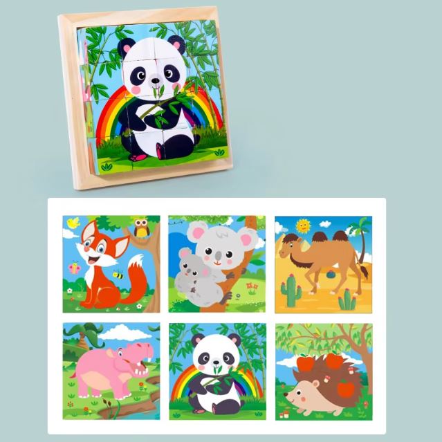 Puzzle cube en bois représentant des illustrations colorées d'animaux, comprenant un panda, un koala et d'autres créatures, favorisant le développement de l'imagination et la motricité fine des enfants.