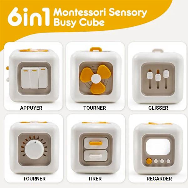 Cube sensoriel montessori 6 en 1, avec différentes fonctions d'interaction telles que appuyer, tourner, glisser, tirer et observer, idéal pour l'éveil et le développement sensoriel des enfants.