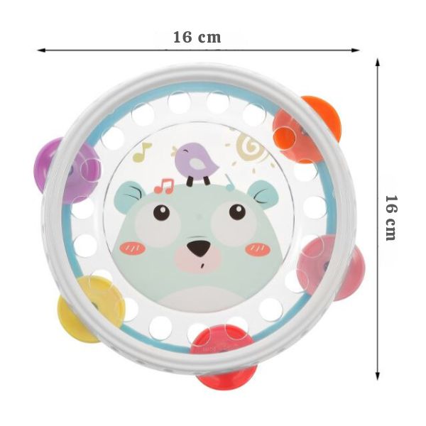 Tambourin pour enfant avec illustration d'ours, équipé de clochettes colorées, mesurant 16 cm, idéal pour l'éveil musical des tout-petits.