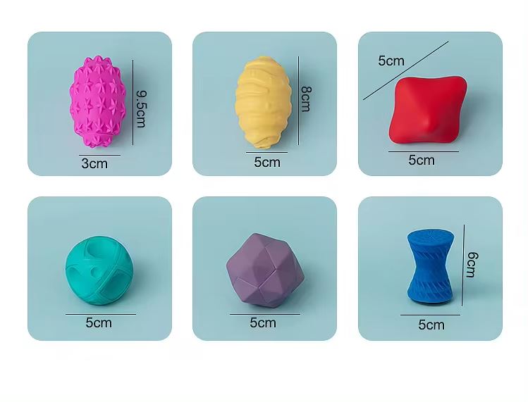 Collection de balles sensorielles pour enfant autiste avec différentes tailles, formes et textures, conçues pour stimuler les sens et favoriser le développement tactile.