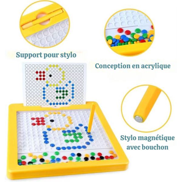 Planche à dessin de billes magnétiques avec stylo magnétique et support intégré, idéale pour stimuler la créativité et la motricité des jeunes enfants.