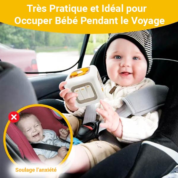 Cube sensoriel montessori, idéal pour occuper bébé pendant les trajets en voiture, permettant de réduire l'anxiété et de divertir l'enfant de manière éducative.