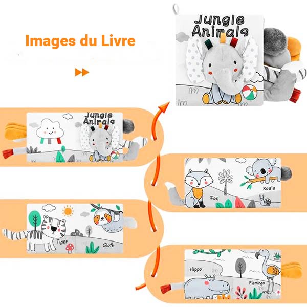 Livre à toucher Montessori pour bébé, présentant des illustrations d'animaux de la jungle comme un éléphant, un tigre, un koala et un renard, avec des éléments tactiles.