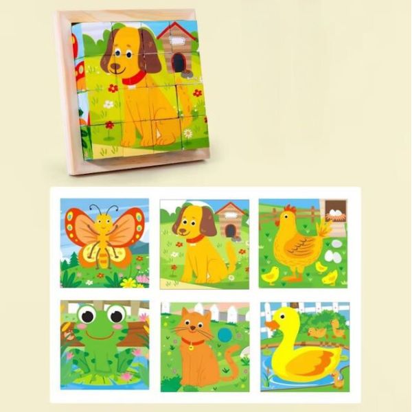 Puzzle cube en bois avec des illustrations d'animaux de la ferme, incluant un chien, un canard, un chat, une grenouille, et un papillon, idéal pour les jeunes enfants.