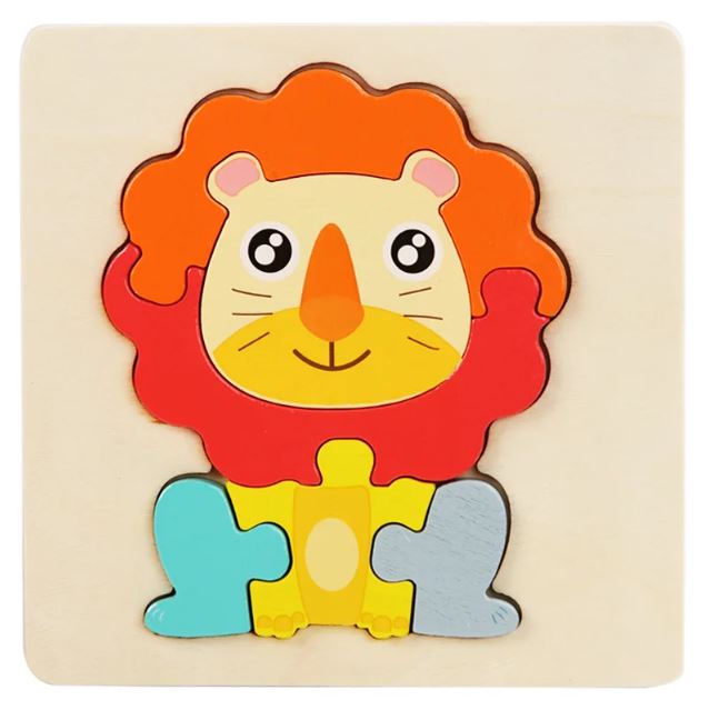 Puzzle encastrable en bois représentant un lion coloré, parfait pour stimuler la motricité fine et l'apprentissage des formes chez les jeunes enfants.