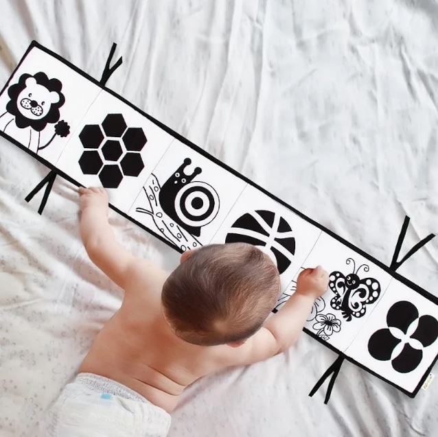 Bébé allongé sur le ventre explorant un livre contrasté pour bébé avec des illustrations en noir et blanc pour stimuler son développement visuel.