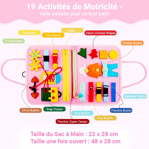 Livre sensoriel pour bébé de 6 mois avec 19 activités de motricité incluant des boucles, fermetures éclair et formes colorées, taille parfaite pour les tout-petits.