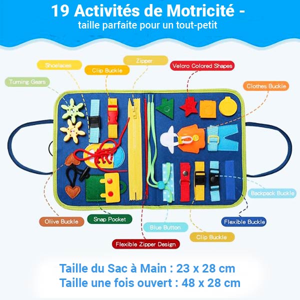 Livre d'éveil sensoriel bleu pour bébé, comprenant 19 activités de motricité avec fermetures éclair, boucles, formes colorées en velcro, et plus.