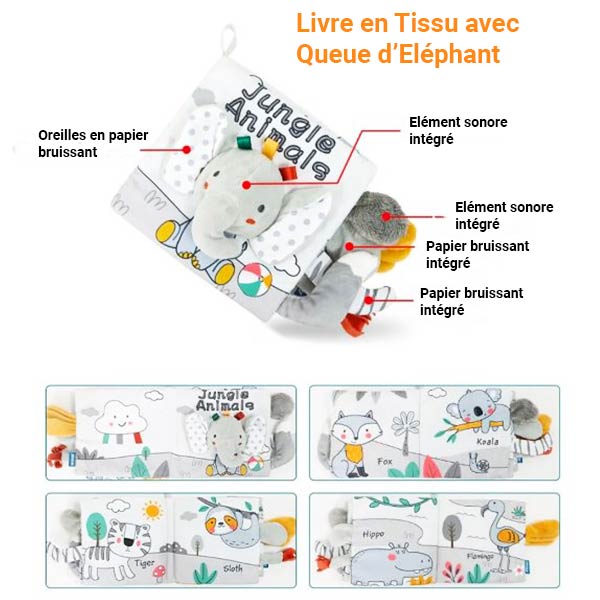 Livre à toucher bébé Montessori illustré sur le thème des animaux de la jungle, doté d'une queue d'éléphant et d'oreilles en papier bruissant, avec des éléments sonores et tactiles intégrés.