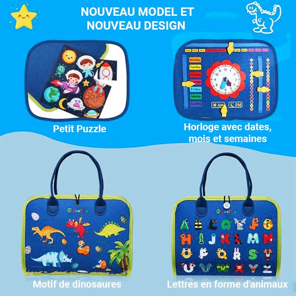 Livre sensoriel pour enfant d'1 an avec motif de dinosaures, horloge éducative, lettres en forme d'animaux, et petit puzzle pour stimuler l'apprentissage.