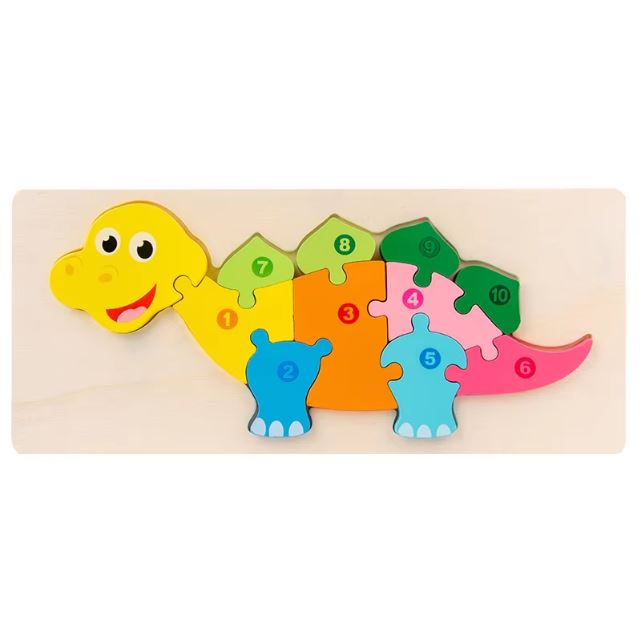 Puzzle 2 ans montessori en forme de dinosaure coloré avec des pièces numérotées, conçu pour favoriser l'apprentissage des chiffres et la motricité des jeunes enfants.