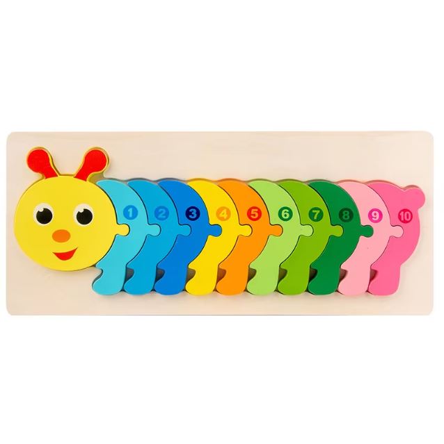 Puzzle 2 ans montessori en forme de chenille colorée, avec des pièces numérotées pour aider les enfants à apprendre les chiffres et à développer leur coordination.