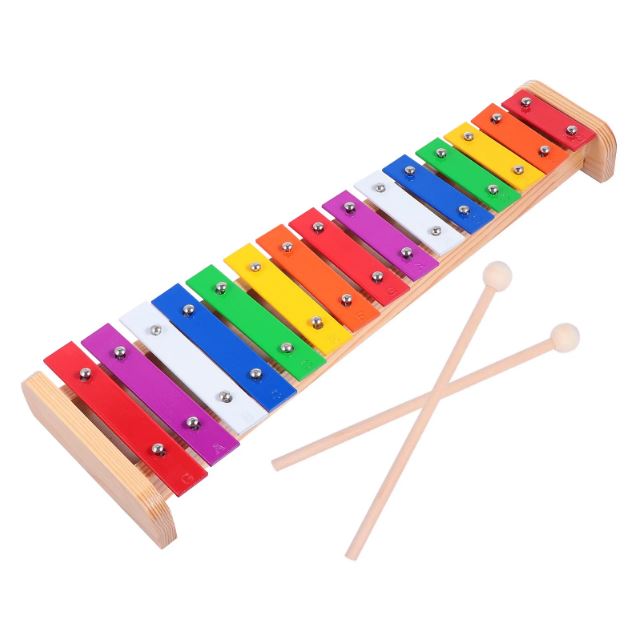 Xylophone 15 notes colorées avec cadre en bois et deux baguettes en bois à embout rond.