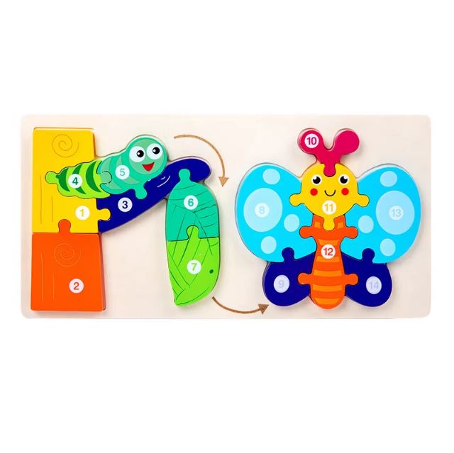 Puzzle animaux Montessori représentant le cycle de vie d'un papillon, avec des pièces colorées et numérotées allant de la chenille au papillon adulte.