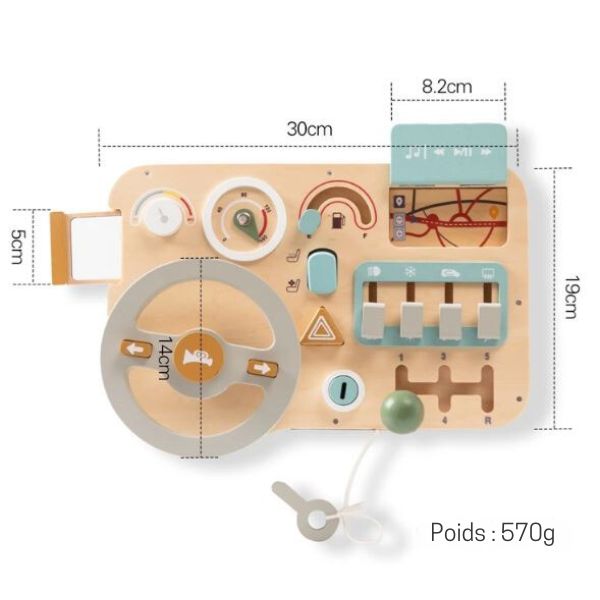 Tableau d'activité Montessori en bois avec volant et leviers, mesurant 30 cm sur 19 cm, idéal pour stimuler la motricité et l'apprentissage sensoriel des enfants en bas-âge.