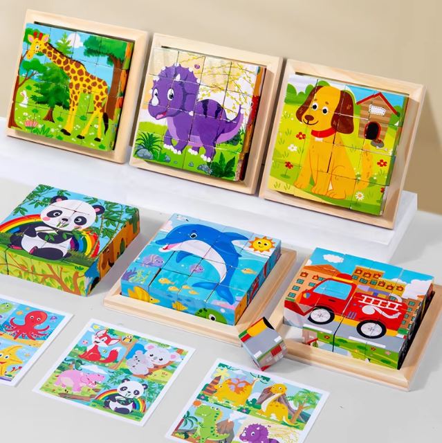 Ensemble de cubes puzzle en bois avec illustrations d'animaux et de véhicules colorés, parfait pour développer la coordination et la logique des enfants de 2 ans et plus.