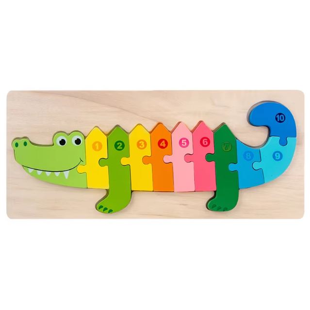 Puzzle 2 ans montessori en forme de crocodile avec des pièces colorées et numérotées, parfait pour l'apprentissage des chiffres et la coordination des mains chez les tout-petits.