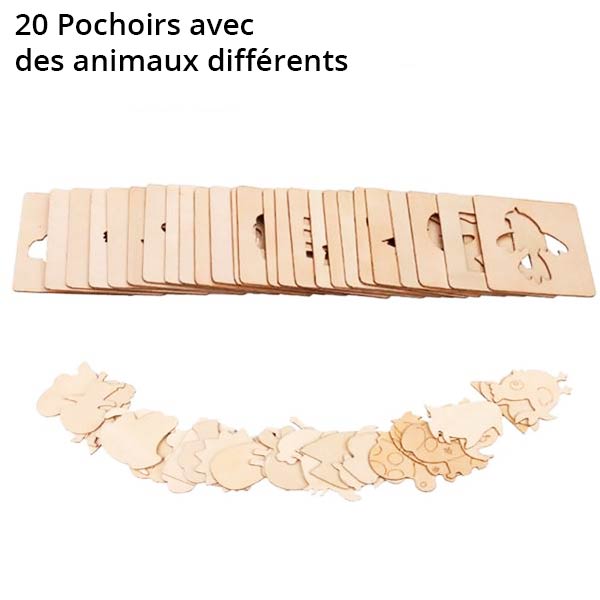 Lot de 20 pochoirs à dessin en bois, représentant divers animaux et autres motifs, idéal pour stimuler la créativité des enfants.