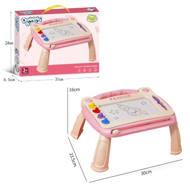 Ardoise magique rose sur pied pour enfants, mesurant 30 cm de long, 23.5 de large et 16 cm de hauteur, idéale pour dessiner et stimuler la créativité, avec boîte incluse.