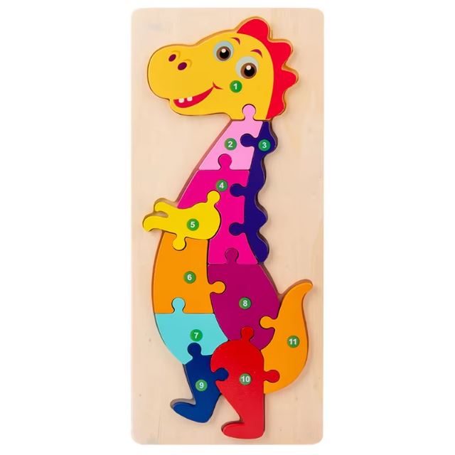 Puzzle 2 ans montessori en bois, représentant un dinosaure coloré avec des pièces numérotées, idéal pour développer la motricité et l'apprentissage des chiffres.