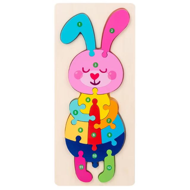 Puzzle 2 ans montessori en forme de lapin coloré, avec des pièces numérotées pour aider à l'apprentissage des chiffres et au développement de la motricité fine.