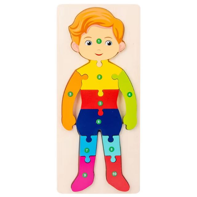 Puzzle 2 ans montessori représentant un personnage coloré, avec des pièces numérotées pour encourager l'apprentissage des chiffres et la coordination des jeunes enfants.