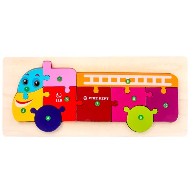 Puzzle 2 ans montessori en forme de camion de pompier, avec des pièces colorées et numérotées pour développer la motricité et l'apprentissage des chiffres.