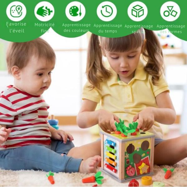 Grand cube d'activité en bois pour enfants dès 1 an, favorisant la cognition des formes, des couleurs et du temps, tout en développant la motricité fine grâce à des activités ludiques et éducatives.