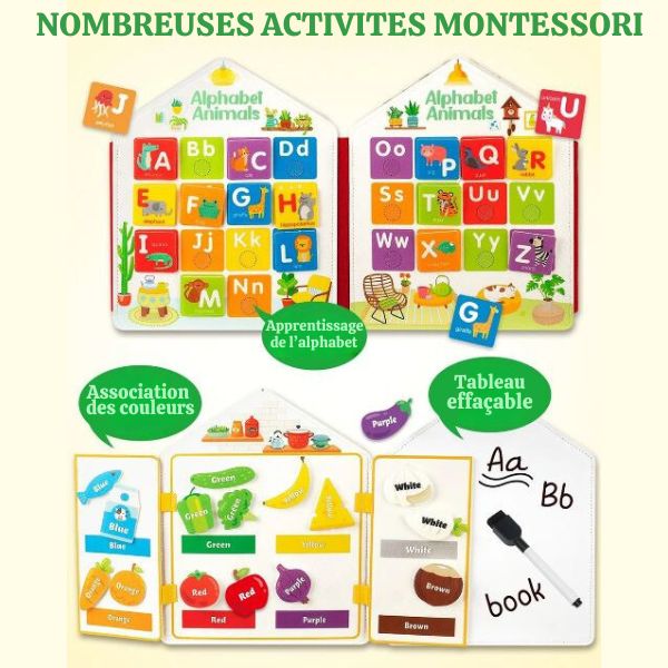 Livre interactif Montessori proposant de multiples activités : apprentissage de l'alphabet, reconnaissance des couleurs et tableau effaçable, idéal pour développer les compétences cognitives des enfants.