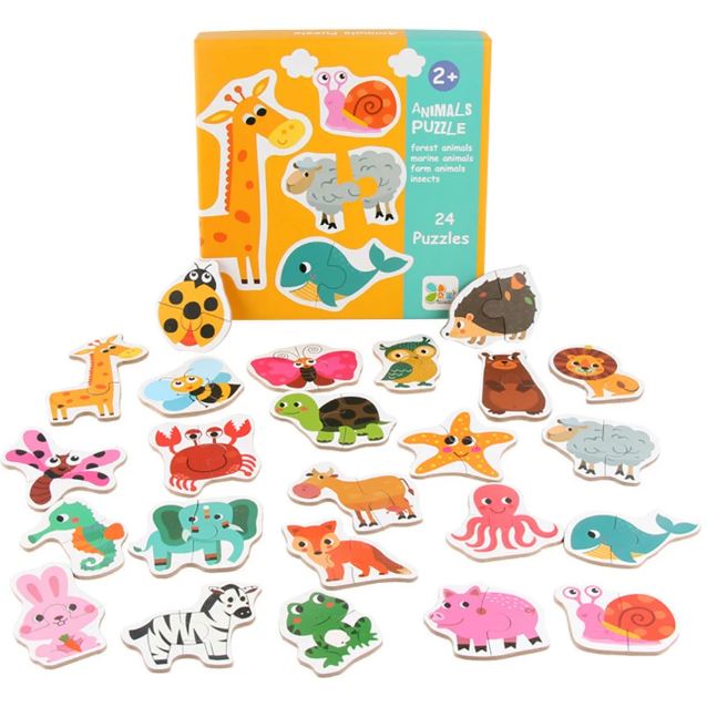 Puzzle 2 pièces animaux pour enfants de 2 ans et plus, comprenant 24 puzzles éducatifs colorés pour favoriser l'apprentissage et la coordination.