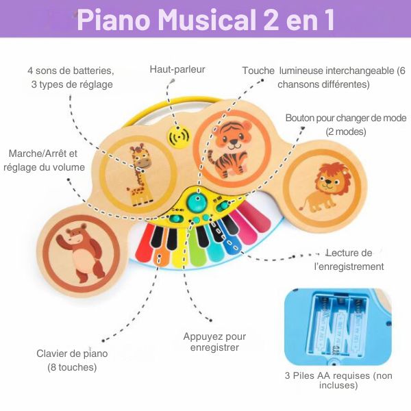 Piano en bois pour bébé avec touches colorées, animaux de la jungle, et fonctions musicales interactives