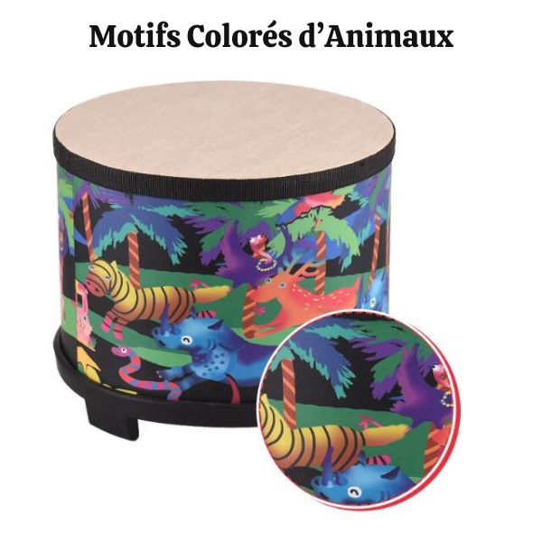 Tambour pour enfant illustré par des motifs colorés d'animaux de la jungle, parfait pour stimuler la créativité musicale des petits.