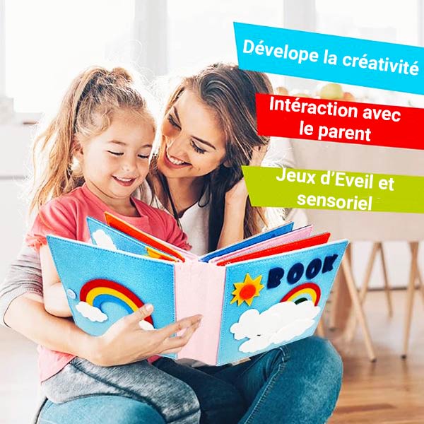 Enfant lisant un livre d'activités Montessori avec sa mère, favorisant l'éveil sensoriel et la créativité.