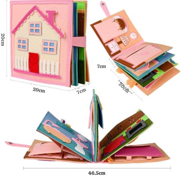 Grand livre sensoriel avec des dimensions de 20 cm x 7 cm fermé et 46,5 cm ouvert, proposant diverses activités d'apprentissage pour enfants avec des objets détachables et des éléments en 3D.