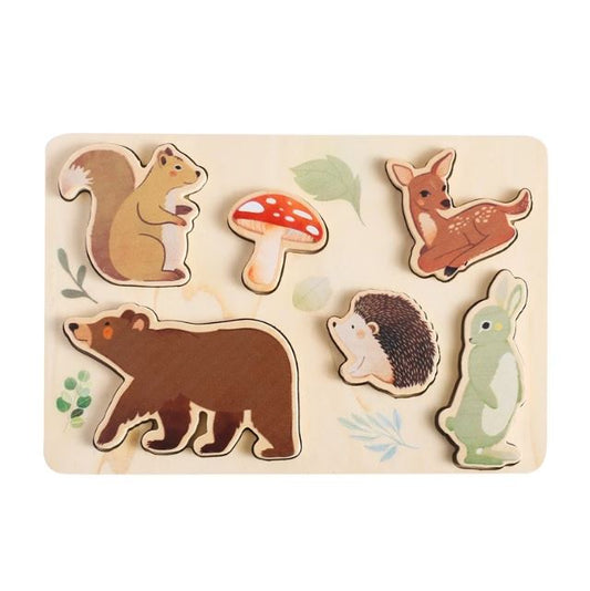 Puzzle en bois avec des animaux de la forêt, incluant un écureuil, un hérisson et un cerf et autres, idéal pour développer les compétences motrices des enfants en bas-âge.