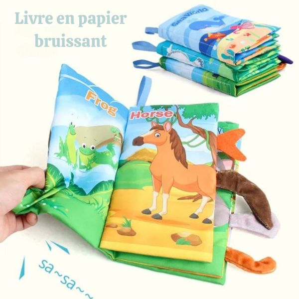 Livre d'éveil tactile pour bébé, illustré avec des animaux comme une grenouille et un cheval, avec des pages en tissu bruissant pour stimuler les sens et l'imagination.