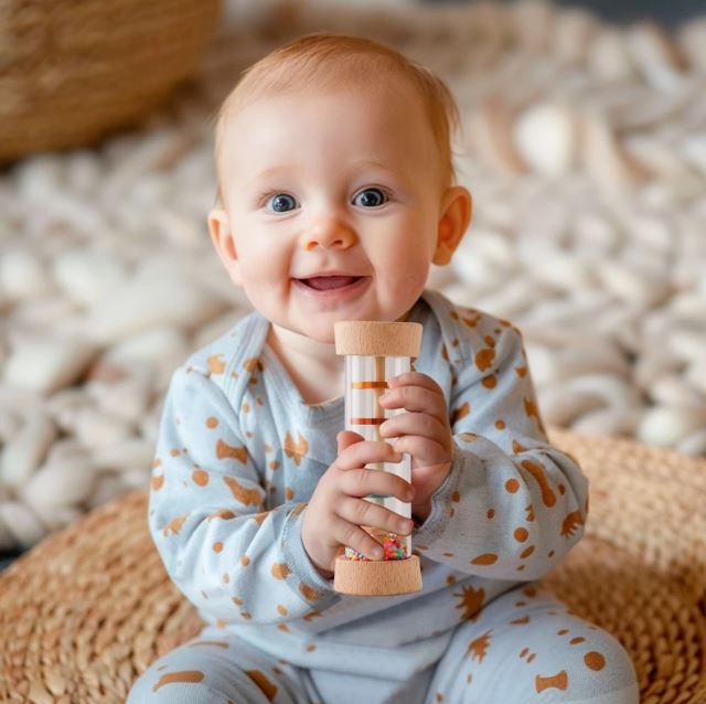 Bébé souriant tenant un bâton de pluie pour enfant, conçu pour éveiller les sens avec ses perles colorées et son doux bruit de pluie.