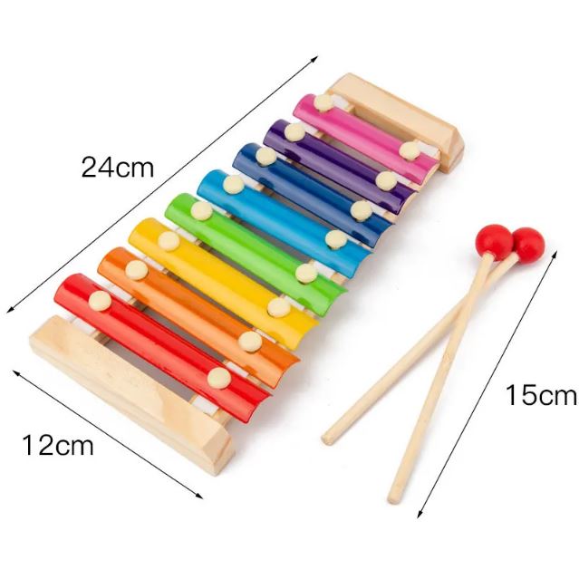 Xylophone 8 notes multi-couleurs en bois avec baguettes, mesurant 24 cm de long et 12 cm de large, idéal pour l'éveil musical des enfants.