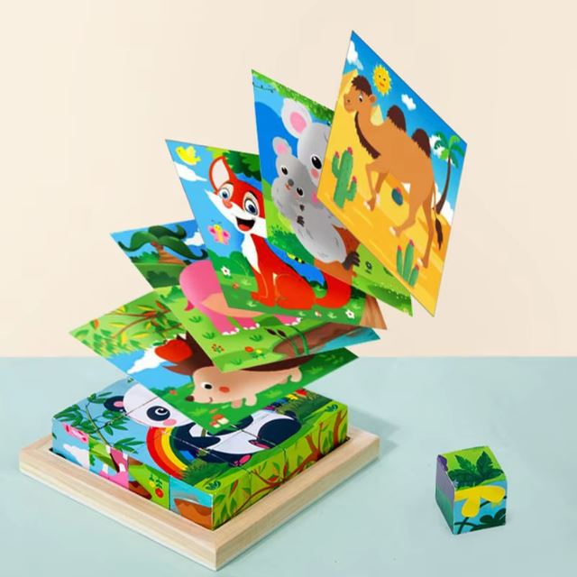 Puzzle cube en bois arborant différentes images colorées d'animaux, idéal pour encourager l'apprentissage et la créativité des touts-petits dès 2 ans.