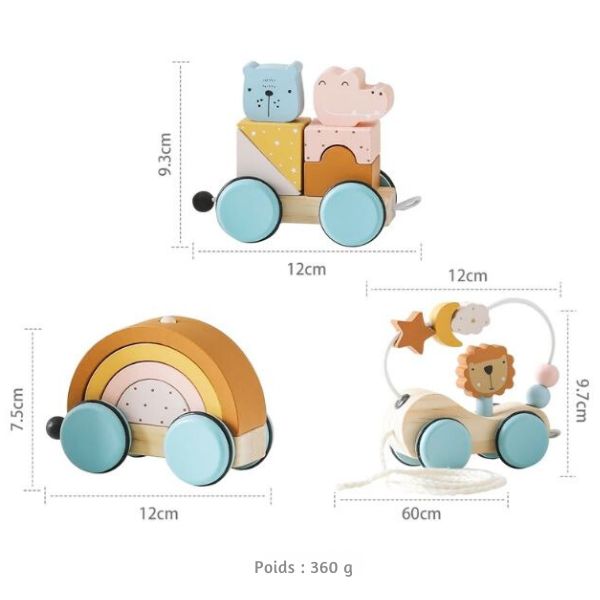 Dimensions d'un petit train en bois pour bébé avec des wagons d'animaux, arc-en-ciel et lion, comprenant une ficelle mesurant 60 cm de long.