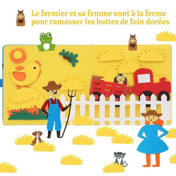 Livre sensoriel à toucher pour les touts-petits avec des personnages de fermier, entourés d'éléments de la ferme, tels qu'un poulet, un tracteur rouge, et des bottes de foin, conçu pour stimuler l'interaction et l'éveil sensoriel.