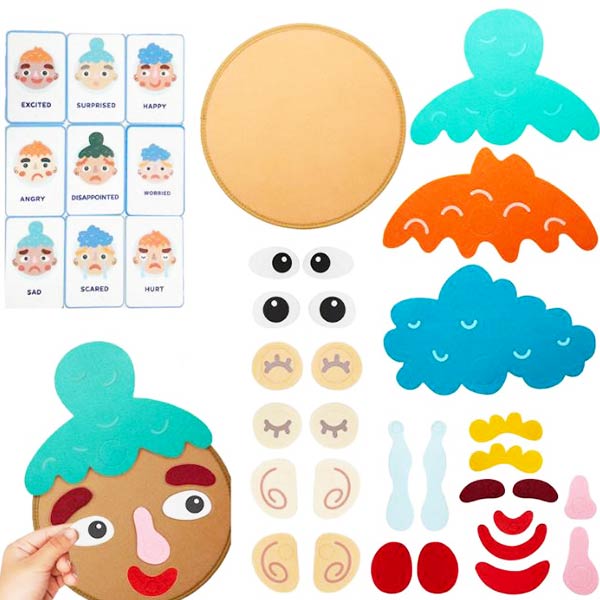 Kit de visage des émotions montessori avec des pièces en feutrine, permettant aux enfants de créer différentes expressions faciales en utilisant des éléments variés.