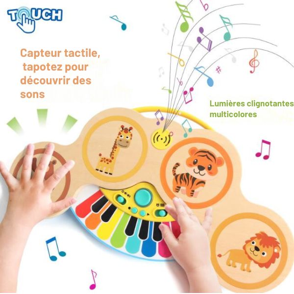 piano en bois pour bébé de 6 mois avec capteur tactile, lumières clignotantes et motifs d'animaux