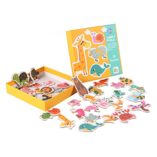 Puzzle 2 pièces animaux, adapté pour les enfants de 2 ans et plus, permettant de développer leur coordination et leur apprentissage des animaux.