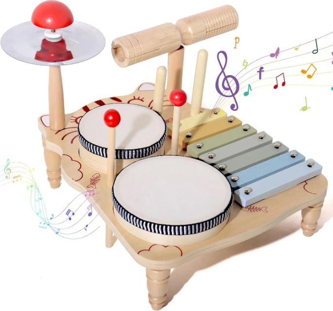 Batterie pour bébé en bois avec xylophone, tambours et cymbale, idéale pour développer l'éveil musical des tout-petits.