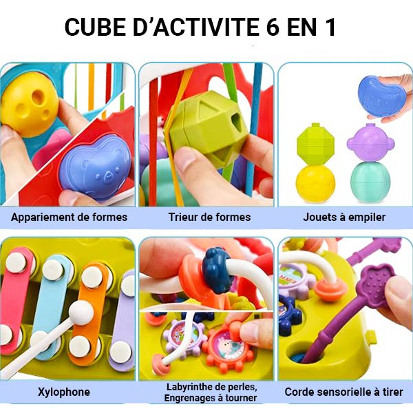 Cube d'éveil sensoriel 6 en 1 avec appariement de formes, trieur de formes, jouets à empiler, xylophone, labyrinthe de perles et corde sensorielle à tirer.