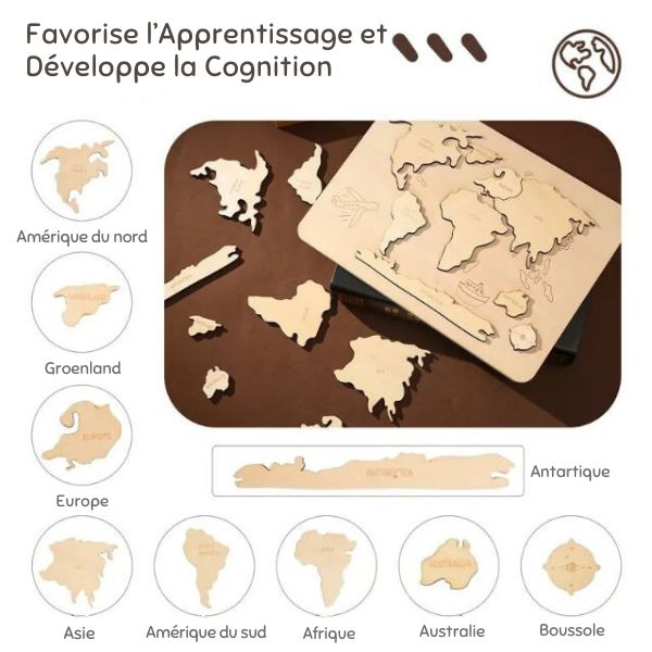 Puzzle Montessori des continents avec pièces détachables représentant les différentes régions géographiques pour favoriser l'apprentissage et développer la cognition des touts-petits.