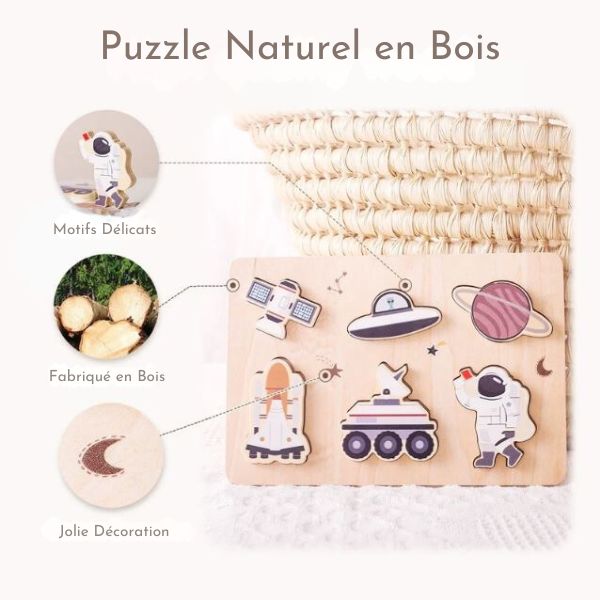 Puzzle espace en bois naturel, avec des motifs délicats et des pièces représentant des éléments spatiaux comme un astronaute, une fusée et une planète, idéal pour le jeu éducatif.