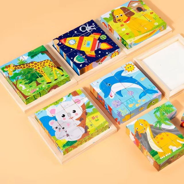 Ensemble de cubes puzzle en bois avec des illustrations d'animaux et de véhicules, parfait pour développer la coordination et la logique des enfants en bas-âge.